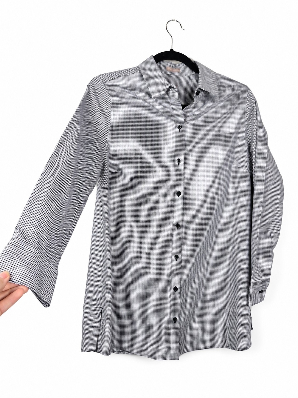 Chico's No Iron Micro Check Button Down Tunic Shirt Black White Size 0 Small
